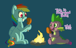 Size: 1280x812 | Tagged: safe, artist:pabbley, imported from derpibooru, rainbow dash, spike, dragon, pegasus, pony, drumstick, female, fire, food, grin, male, meat, ponies eating meat, rainbowspike, shipping, spike don't care about meat, straight