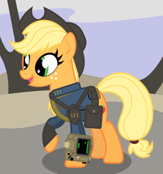 Size: 1780x1903 | Tagged: safe, artist:rainbowsurvivor, imported from derpibooru, applejack, clothes, crossover, fallout, fallout 4, female, hat, jumpsuit, pipboy, pipbuck, sole survivor, solo, vault suit