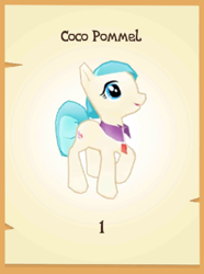 Size: 344x463 | Tagged: safe, imported from derpibooru, coco pommel, earth pony, pony, female, gameloft, solo, text