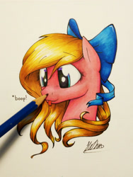 Size: 3120x4160 | Tagged: safe, artist:lollipony, imported from derpibooru, oc, oc only, oc:bay breeze, pegasus, pony, boop, bow, female, hair bow, mare, pencil, simple background, solo, tongue out, traditional art, white background