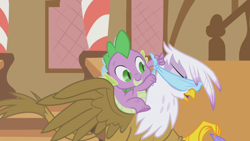 Size: 1280x720 | Tagged: safe, imported from derpibooru, screencap, gilda, spike, griffon, griffon the brush off, blindfold, out of context