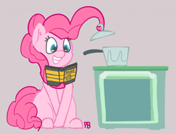 Size: 1280x974 | Tagged: safe, artist:pabbley, imported from derpibooru, pinkie pie, earth pony, pony, 30 minute art challenge, anarchist cookbook, book, cooking, female, grin, kitchen, pot, prehensile mane, sitting, solo, this will end in tears and/or breakfast