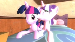 Size: 1360x768 | Tagged: safe, artist:mk513, imported from derpibooru, starlight glimmer, twilight sparkle, alicorn, pony, 3d, bed, blushing, female, gmod, kissing, lesbian, mare, shipping, twilight sparkle (alicorn), twistarlight
