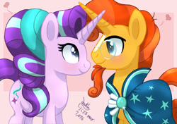 Size: 1280x900 | Tagged: safe, artist:joakaha, imported from derpibooru, starlight glimmer, sunburst, crystal pony, pony, unicorn, the crystalling, alternate hairstyle, cape, cloak, clothes, crystallized, eye contact, female, glasses, goatee, horns are touching, male, mare, shipping, signature, smiling, stallion, starburst, straight, sunburst's cloak, sunburst's glasses