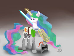 Size: 1600x1200 | Tagged: safe, artist:creidim, imported from derpibooru, princess celestia, armor, dark souls, female, helmet, levitation, magic, parody, solaire of astora, solo, sword, telekinesis, weapon