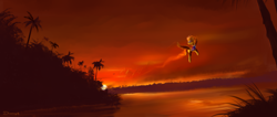 Size: 2350x1000 | Tagged: dead source, safe, artist:shamanguli, imported from derpibooru, spitfire, bird, pony, female, fire, flying, forest, grass, palm tree, rainforest, river, scenery, scenery porn, smoke, solo, sunset, tree, water