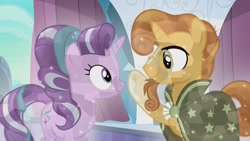 Size: 1920x1080 | Tagged: safe, imported from derpibooru, screencap, starlight glimmer, sunburst, crystal pony, pony, unicorn, the crystalling, cloak, clothes, crystallized, cute, eye contact, female, glasses, glimmerbetes, looking at each other, male, mare, raised hoof, stallion, sunburst's cloak, sunburst's glasses