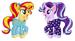 Size: 1492x828 | Tagged: safe, artist:majkashinoda626, imported from derpibooru, starlight glimmer, sunset shimmer, pony, unicorn, alternate hairstyle, clothes, counterparts, cute, daaaaaaaaaaaw, duo, eye contact, glimmerbetes, happy, open mouth, ponytail, raised hoof, shimmerbetes, simple background, smiling, transparent background, twilight's counterparts