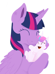 Size: 896x1213 | Tagged: safe, artist:dorij-s, imported from derpibooru, princess flurry heart, twilight sparkle, alicorn, pony, the crystalling, aunt and niece, auntie twilight, baby, baby alicorn, baby flurry heart, baby pony, cradling, cradling a baby, crossed hooves, cute, daaaaaaaaaaaw, dawwww, eyes closed, female, happy, happy baby, holding a baby, holding a pony, infant, mare, newborn, newborn filly, nuzzling, open mouth, reaching up, smiling, twilight sparkle (alicorn)