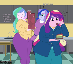 Size: 1280x1124 | Tagged: safe, artist:1992zepeda, artist:zacharyisaacs, imported from derpibooru, princess cadance, princess celestia, princess luna, equestria girls, friendship games, ass, bbw, butt, cake, cakelestia, chubbylestia, dean cadance, dean decadence, eating, extra thicc, fat, female, food, hips, obese, princess decadence, princess moonpig, principal celestia, principal chubbylestia, principal sunbutt, royal sisters, siblings, sisters, sunbutt, the ass was fat, thick, trio, trio female, vice principal luna, vice principal moonpig, weight gain, wide hips