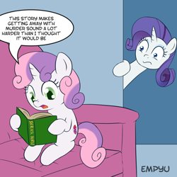 Size: 1000x1000 | Tagged: safe, artist:empyu, imported from derpibooru, rarity, sweetie belle, pony, unicorn, 30 minute art challenge, book, cutie mark, dialogue, duo, meme origin, reading, sherlock holmes, speech bubble, sweetie belle's book, the cmc's cutie marks