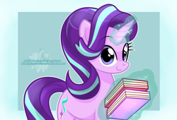 Size: 3686x2500 | Tagged: safe, artist:xwhitedreamsx, imported from derpibooru, starlight glimmer, pony, book, cute, female, glimmerbetes, looking at you, magic, signature, solo, telekinesis