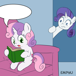 Size: 1000x1000 | Tagged: safe, artist:empyu, edit, imported from derpibooru, rarity, sweetie belle, pony, unicorn, book, cutie mark, dialogue, duo, exploitable meme, meme, reading, speech bubble, sweetie belle's book, template, the cmc's cutie marks