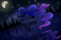 Size: 1500x999 | Tagged: dead source, safe, artist:orauraa, imported from derpibooru, princess luna, female, flying, lake, moon, mountain, night, ripple, solo, water