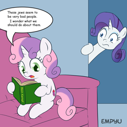 Size: 1000x1000 | Tagged: safe, artist:empyu, edit, imported from derpibooru, rarity, sweetie belle, pony, unicorn, antisemitism, book, cutie mark, dialogue, duo, exploitable meme, female, filly, mare, mein kampf, meme, racism, reading, speech bubble, sweetie belle's book, the cmc's cutie marks, this will end in death, this will end in tears, this will end in tears and/or death, wide eyes, world war ii