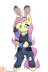 Size: 1200x1800 | Tagged: safe, artist:alasou, imported from derpibooru, fluttershy, pony, animal ears, bipedal, bunny ears, clothes, cosplay, costume, crossover, cute, female, judy hopps, looking at you, patreon, patreon logo, salute, shyabetes, simple background, smiling, solo, transparent background, zootopia