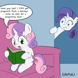 Size: 1000x1000 | Tagged: safe, artist:empyu, edit, imported from derpibooru, rarity, sweetie belle, pony, unicorn, book, cutie mark, duo, female, filly, implied impregnation, implied interspecies, implied sex, mare, meme, reading, speech bubble, sweetie belle's book, the cmc's cutie marks