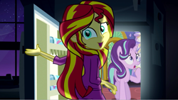 Size: 837x473 | Tagged: safe, imported from derpibooru, starlight glimmer, sunset shimmer, equestria girls, rainbow rocks, the crystalling, exploitable meme, obligatory pony, pinkie's refrigerator, twilight's counterparts