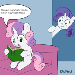 Size: 1000x1000 | Tagged: safe, artist:empyu, edit, imported from derpibooru, rarity, sweetie belle, pony, unicorn, book, cthulhu, cthulhu mythos, cutie mark, dialogue, duo, exploitable meme, meme, reading, speech bubble, sweetie belle's book, the cmc's cutie marks