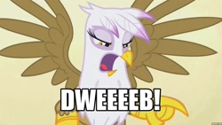 Size: 1280x720 | Tagged: safe, edit, edited screencap, imported from derpibooru, screencap, gilda, griffon, griffon the brush off, angry, dweeb, female, image macro, meme, pointing, solo