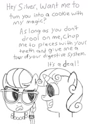 Size: 1125x1582 | Tagged: safe, artist:pepsi twist, imported from derpibooru, silver spoon, sweetie belle, cookie, food, monochrome