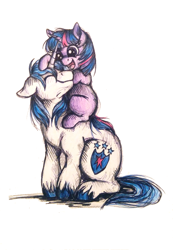 Size: 864x1248 | Tagged: safe, artist:buttersprinkle, imported from derpibooru, shining armor, twilight sparkle, bbbff, blank flank, brother and sister, colored pencil drawing, cute, duo, eyes closed, filly, filly twilight sparkle, floppy ears, happy, male, shining adorable, siblings, smiling, teen shining armor, teenager, traditional art, twiabetes, unshorn fetlocks, younger