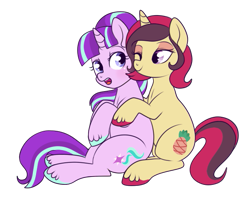 Size: 631x500 | Tagged: safe, artist:lulubell, imported from derpibooru, starlight glimmer, oc, oc:saffron spice, canon x oc, cuddling, shipping, simple background, snuggling, transparent background