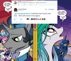 Size: 736x636 | Tagged: safe, idw, imported from derpibooru, king sombra, princess celestia, spoiler:comic, comic drama, good king sombra, harsher in hindsight, lauren faust, mirror universe, word of faust