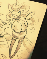 Size: 540x675 | Tagged: safe, artist:foxinshadow, imported from derpibooru, fluttershy, anthro, unguligrade anthro, clothes, female, monochrome, solo, stockings, sweater, sweatershy, traditional art, turtleneck