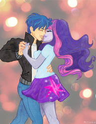 Size: 798x1036 | Tagged: safe, artist:milinka7425, imported from derpibooru, flash sentry, twilight sparkle, equestria girls, bishie sentry, clothes, dancing, female, flashlight, humanized, male, shipping, skirt, straight