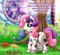 Size: 1500x1370 | Tagged: safe, artist:vavacung, imported from derpibooru, sweetie belle, twilight sparkle, alicorn, golem, pony, robot, robot pony, unicorn, comic:chaos future, cute, diasweetes, female, filly, flower, flowey in the comments, foal, hooves, horn, machine, mare, plant, sweetie bot, twilight sparkle (alicorn), undertale, watering can, wings