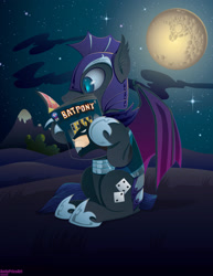 Size: 2550x3300 | Tagged: safe, artist:andypriceart, imported from derpibooru, oc, oc only, oc:au hasard, bat pony, pony, batman, full moon, moon, night, night guard, sitting, solo, stars, vector