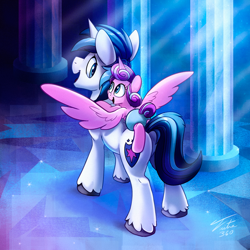 Size: 900x900 | Tagged: safe, artist:tsitra360, imported from derpibooru, princess flurry heart, shining armor, alicorn, pony, unicorn, the crystalling, cute, father and daughter, female, flurrybetes, mare, open mouth, shining adorable, spread wings