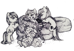 Size: 1212x834 | Tagged: safe, artist:buttersprinkle, imported from derpibooru, limestone pie, marble pie, maud pie, pinkie pie, bread, cute, donut, food, messy eating, pie sisters, sketch, tiny ponies, traditional art