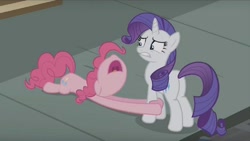 Size: 1016x572 | Tagged: safe, imported from derpibooru, screencap, pinkie pie, rarity, pony, the gift of the maud pie, awkward moment, begging, butt, female, floppy ears, holding hooves, manehattan, mare, nose in the air, open mouth, plot, uvula, volumetric mouth