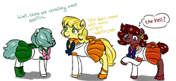 Size: 3000x1378 | Tagged: safe, artist:hipsanon, imported from derpibooru, oc, oc:emerald jewel, oc:golden brisk, oc:ruby rouge, pony, ask golden brisk, colt quest, adult, child, clothes, colt, crossdressing, crossover, cute, dress, earring, female, femboy, filly, foal, hair over eyes, high heels, male, piercing, sailor moon, shoes, stallion, tomboy, trap