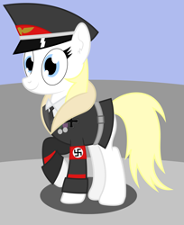 Size: 2127x2605 | Tagged: safe, artist:rainbowsurvivor, imported from derpibooru, oc, oc only, oc:aryanne, earth pony, pony, aryanane, belt, clothes, coat, commissar, female, hat, heart, iron cross, medal, nazi, nazi armband, necktie, officer, schutzstaffel, smiling, solo, standing, swastika, uniform, warhammer (game), warhammer 40k