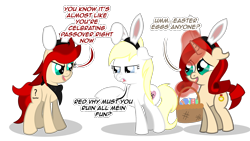 Size: 1920x1080 | Tagged: safe, artist:anonymousdrawfig, imported from derpibooru, oc, oc only, oc:aryanne, oc:red pone (8chan), oc:ruby (8chan), earth pony, pony, unicorn, /pone/, 8chan, bandana, bastet, bunny ears, clothes, dialogue, easter, easter bunny, easter egg, heart, magic, nazi, scarf, scrunchy face, speech bubble, swastika