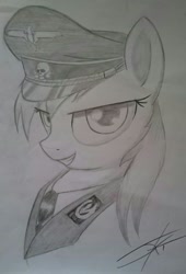 Size: 1080x1588 | Tagged: safe, artist:jeki, imported from derpibooru, oc, oc only, oc:aryanne, earth pony, pony, bust, clothes, female, grayscale, hat, looking at you, monochrome, necktie, officer, photo, reichsadler, schutzstaffel, shirt, sketch, smiling, solo, totenkopf, traditional art, uniform