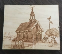 Size: 2384x2071 | Tagged: safe, artist:baron engel, artist:earth-pony, imported from derpibooru, building, craft, engraving, fence, flag, flag pole, ponyville, school, sepia, topiary, traditional art, tree, woodcut