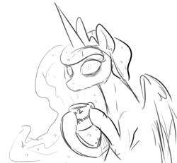 Size: 1192x1102 | Tagged: safe, artist:nobody, imported from derpibooru, princess luna, bloodshot eyes, coffee, drool, female, food, frown, hoof hold, monochrome, mug, sketch, solo, tired, wide eyes