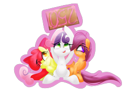 Size: 3350x2950 | Tagged: safe, artist:asimplerarity, imported from derpibooru, apple bloom, scootaloo, sweetie belle, earth pony, pegasus, pony, unicorn, cute, cutie mark, cutie mark crusaders, female, filly, sign, simple background, the cmc's cutie marks, transparent background, upside down