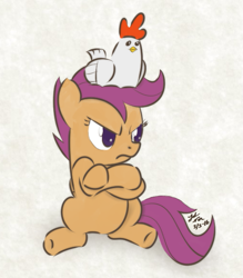 Size: 505x576 | Tagged: safe, artist:noxdrachen, imported from derpibooru, scootaloo, chicken, crossed arms, cute, female, grumpy, solo