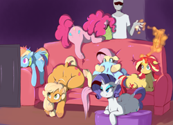 Size: 1815x1311 | Tagged: safe, artist:sundown, imported from derpibooru, applejack, fluttershy, pinkie pie, rainbow dash, rarity, sunset shimmer, oc, oc:anon, human, pony, anon's couch, applebucking thighs, bag, bedroom eyes, bottle, butt, chips, cigarette, colored, couch, dock, eating, eyes on the prize, eyeshadow, female, food, frown, levitation, magic, makeup, plot, prone, rearity, scared, sitting, smiling, sweat, telekinesis, television, the ass was fat, unshorn fetlocks, varying degrees of want, watching, wide eyes, wide hips