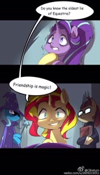 Size: 900x1575 | Tagged: safe, artist:caibaoreturn, imported from derpibooru, moondancer, starlight glimmer, sunset shimmer, trixie, pony, unicorn, batman v superman: dawn of justice, counterparts, dialogue, glasses, hilarious in hindsight, imminent death, magical quartet, scary shiny glasses, shaking, starlight gets what's coming to her, this will end in tears and/or death, twilight's counterparts