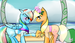 Size: 3500x2000 | Tagged: safe, artist:catopia26, imported from derpibooru, applejack, rainbow dash, earth pony, pegasus, pony, appledash, beach, blushing, bracelet, female, floral head wreath, flower, flower in hair, grin, holding hooves, jewelry, lesbian, looking down, mare, marriage, raised hoof, shipping, smiling, veil, wedding