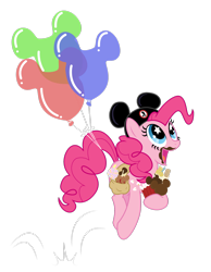 Size: 1600x2066 | Tagged: safe, artist:lostinthetrees, imported from derpibooru, pinkie pie, earth pony, pony, balloon, chocolate, crossover, disney, disneyland, female, food, hat, mare, messy, mickey balloon, mickey hat, pronking, solo, starry eyes, sugar rush, wingding eyes