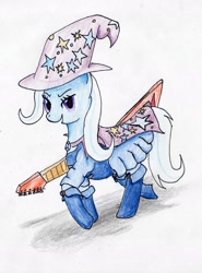 Size: 1751x2371 | Tagged: safe, artist:40kponyguy, derpibooru exclusive, imported from derpibooru, trixie, pony, unicorn, clothes, equestria girls outfit, female, flying v, guitar, looking at you, mare, solo, traditional art, trixie and the illusions