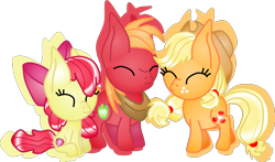 Size: 1796x1056 | Tagged: safe, artist:casanova-mew, imported from derpibooru, apple bloom, applejack, big macintosh, earth pony, pony, chibi, cute, cutie mark, eyes closed, female, filly, male, simple background, sitting, smiling, stallion, the cmc's cutie marks, transparent background