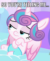 Size: 503x613 | Tagged: safe, edit, edited screencap, imported from derpibooru, screencap, princess flurry heart, the crystalling, condescending flurry heart, female, filly, foal, meme template, solo, unamused